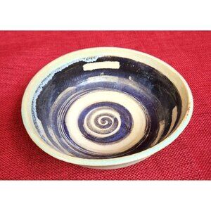 Handmade Ceramic Glazed Bowl By Frances H With Blue Swirl Design 6"